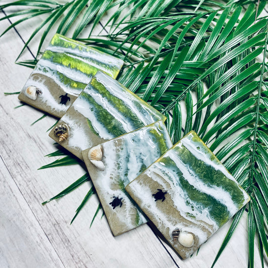 Seaweed Holographic Resin Square Beach Coasters